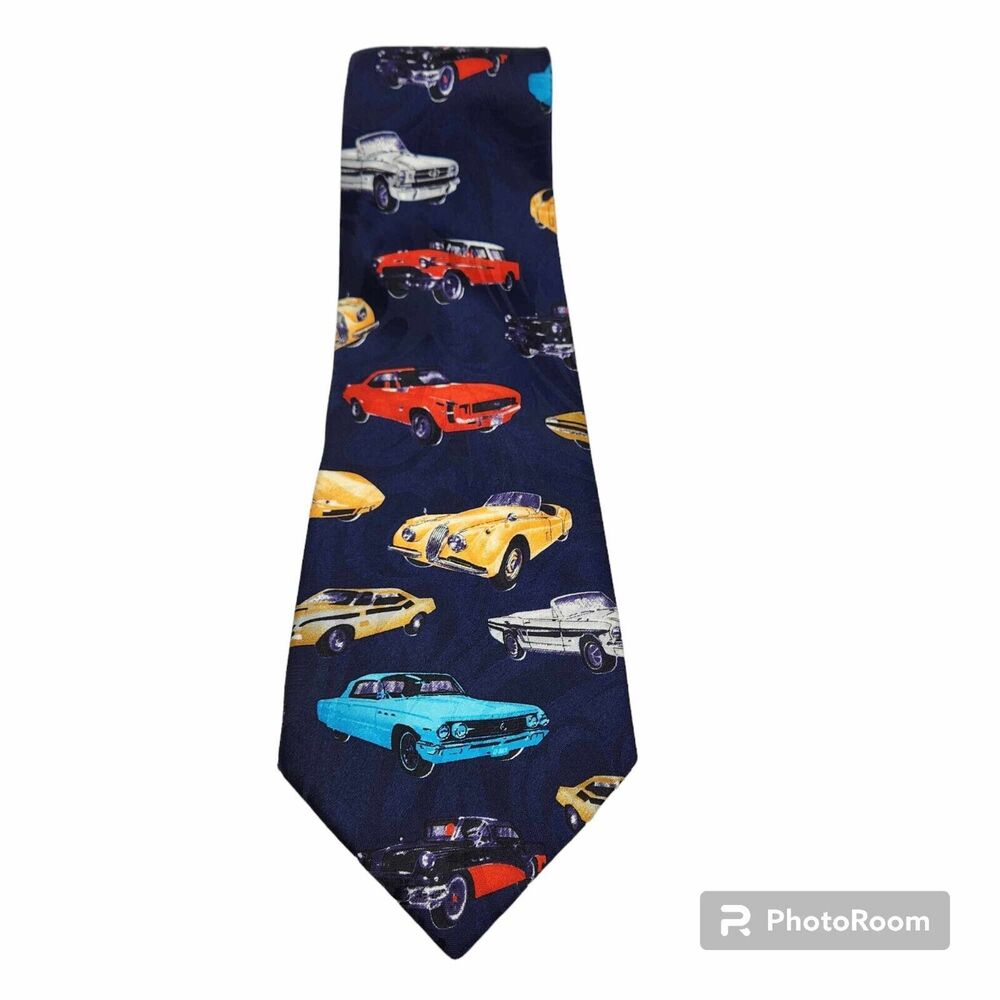 Fratello Classic Cars AOP Graphic Novelty Necktie Mens 59" Blue Red Yellow White
